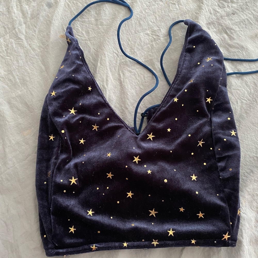 Navy blue velvet crop top w/ gold stars
